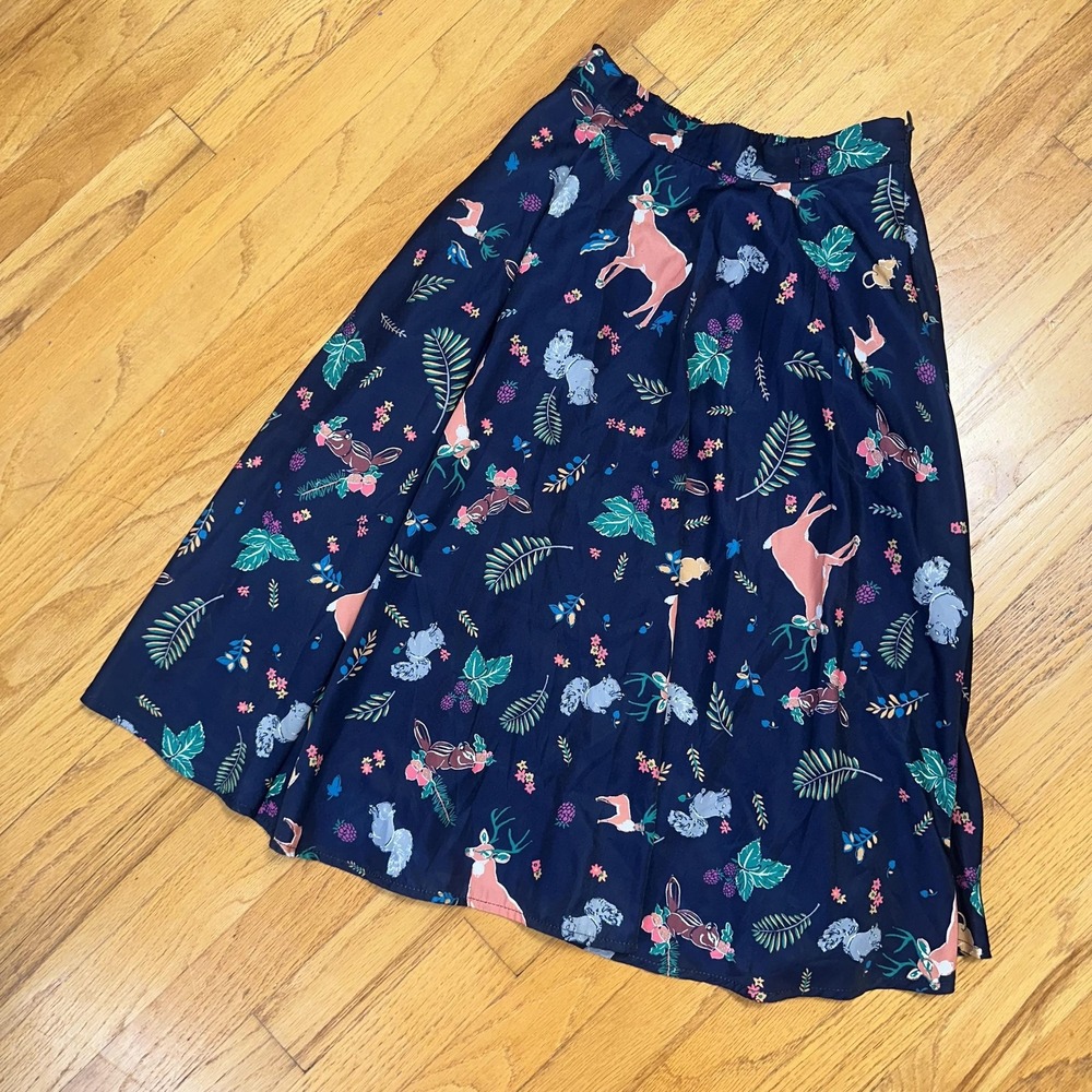 ModCloth Novelty Skirt XS Woodland Animal Deer Squirrel Midi Pockets Fall Autumn